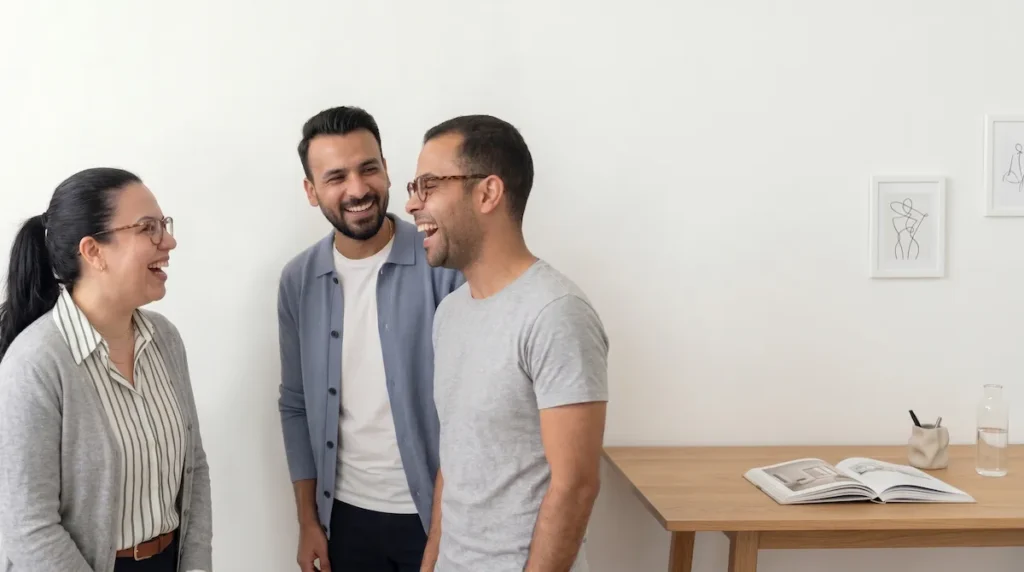 Three people standing together in a bright, minimalist room, engaged in a cheerful conversation and sharing a laugh. On the left, a woman with glasses and a gray cardigan smiles at two men. To their right is a wooden desk with an open book and a glass water bottle, with simple line-art framed pictures hanging on the white wall behind them.