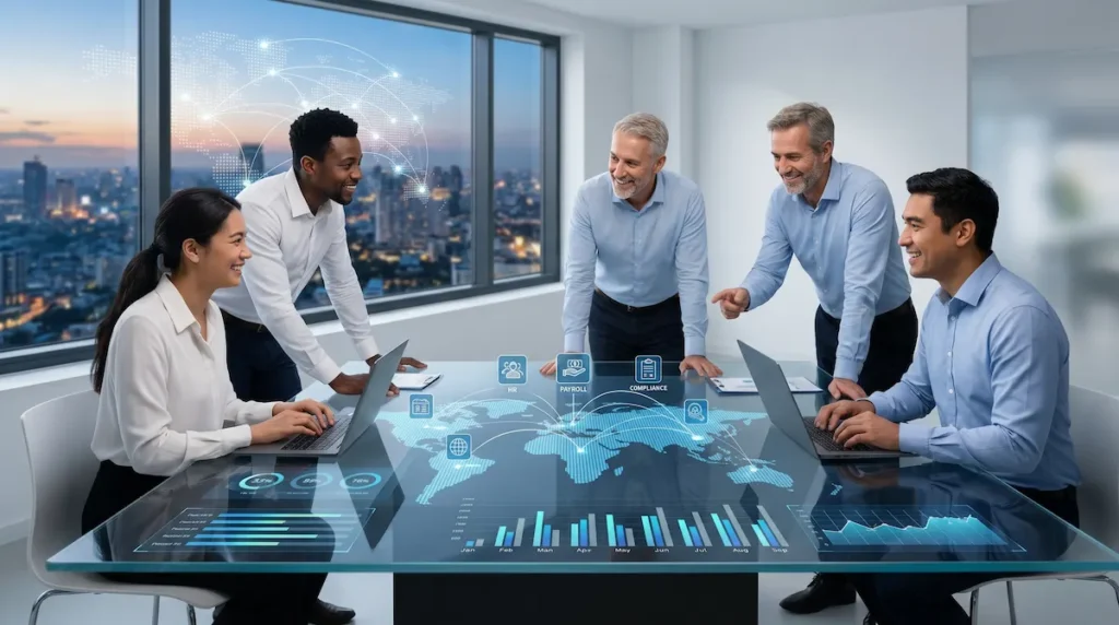 Global business professionals collaborating on international HR, payroll, and compliance using a digital world map, illustrating Employer of Record (EOR) services.