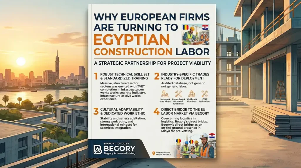 Infographic: Four reasons European firms hire Egyptian construction labor, by Begory. Points cover technical skills, specific trades, work ethic, and market access, with a graphic comparison of a construction site and the Cairo skyline.