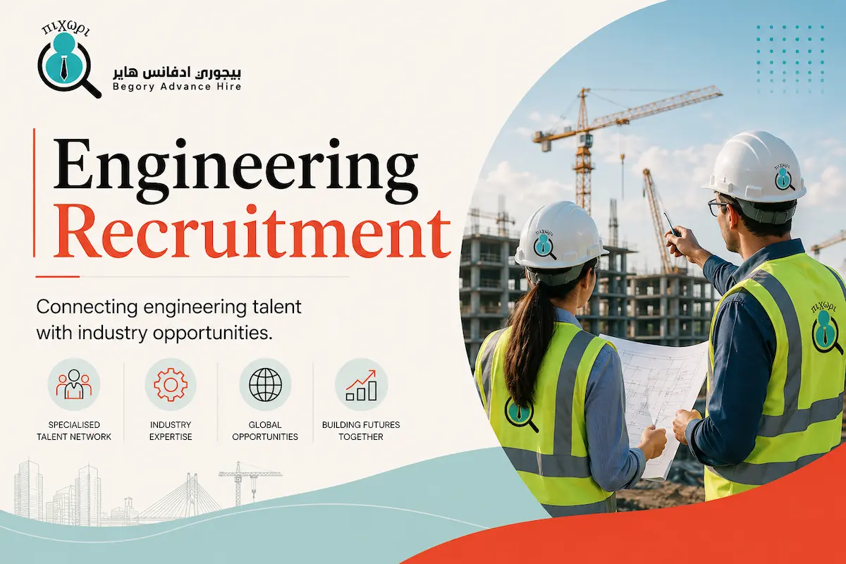 Engineering Recruitment services by Begory Advance Hire featuring an engineering professional reviewing industrial project plans with modern infrastructure in the background.