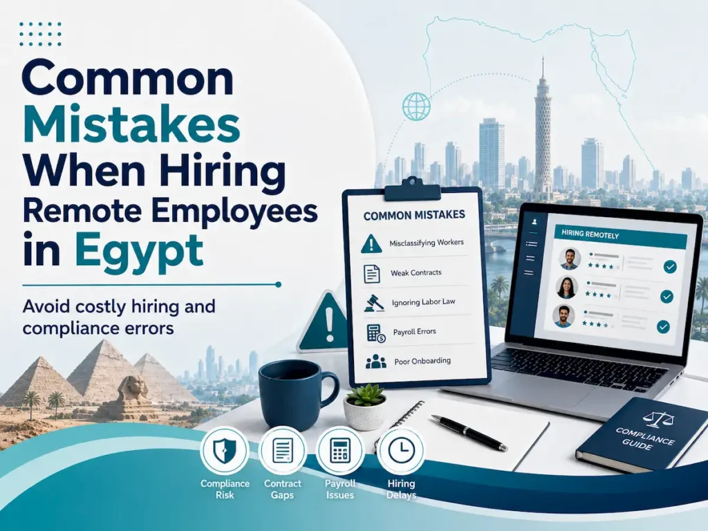 Common mistakes when hiring remote employees in Egypt infographic with compliance, contracts, payroll, and hiring risks.