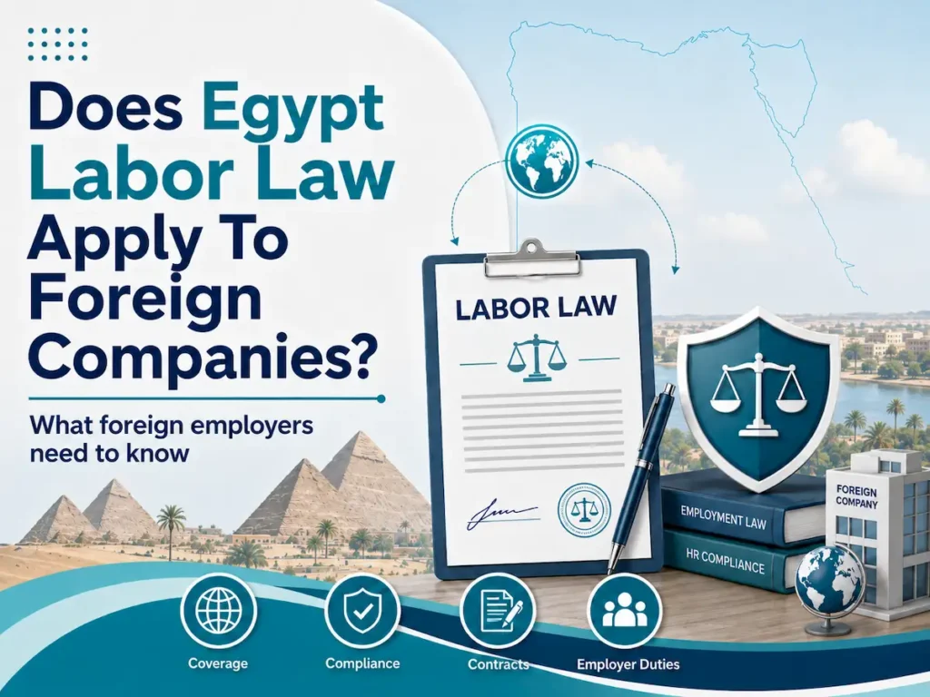 Does Egypt labor law apply to foreign companies infographic with legal document, compliance shield, pyramids, and employer compliance icons.