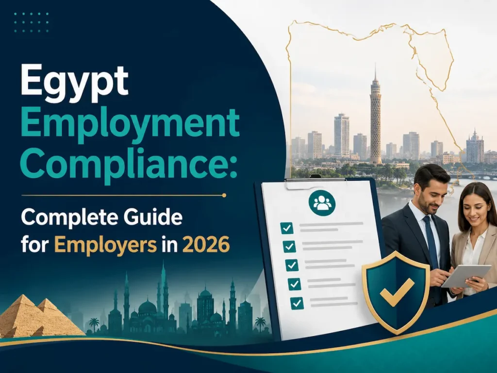 Cover image for Egypt Employment Compliance guide, featuring bold title text, Cairo skyline, a compliance checklist, a shield icon, and two business professionals reviewing a tablet.