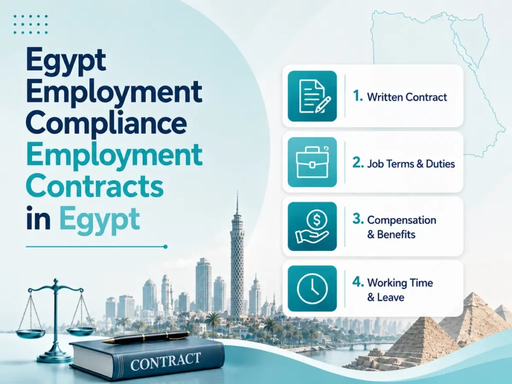 Infographic about employment contracts in Egypt, highlighting written contracts, job terms and duties, compensation and benefits, and working time and leave.