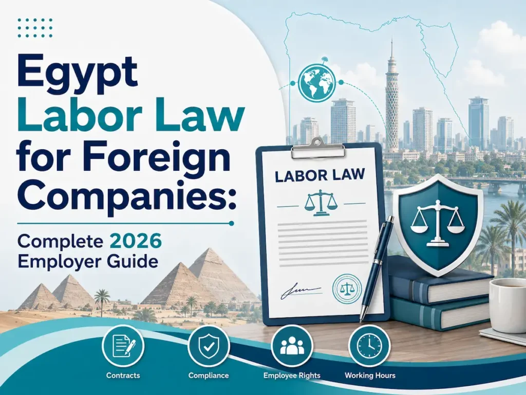Egypt Labor Law for Foreign Companies cover image featuring Cairo skyline, pyramids, a labor law document, legal shield, and icons for contracts, compliance, employee rights, and working hours.