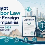 Egypt Labor Law for Foreign Companies cover image featuring Cairo skyline, pyramids, a labor law document, legal shield, and icons for contracts, compliance, employee rights, and working hours.