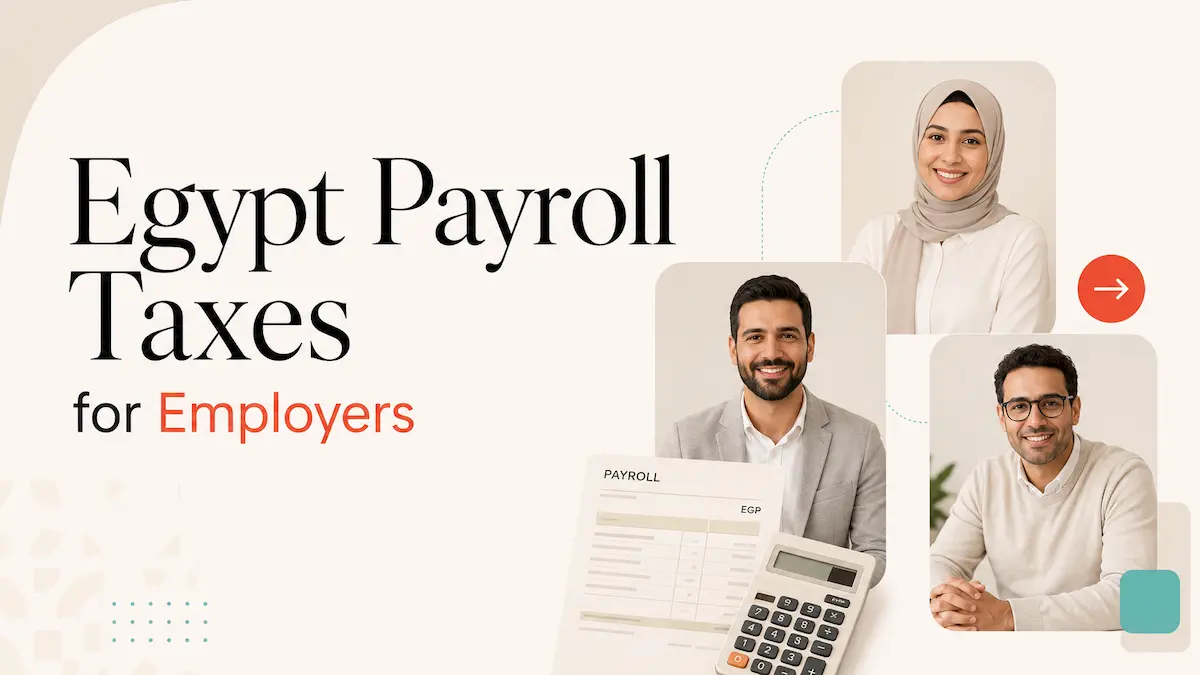 Egypt Payroll Taxes for Employers cover featuring three Egyptian professionals, an EGP payroll sheet, and a calculator.