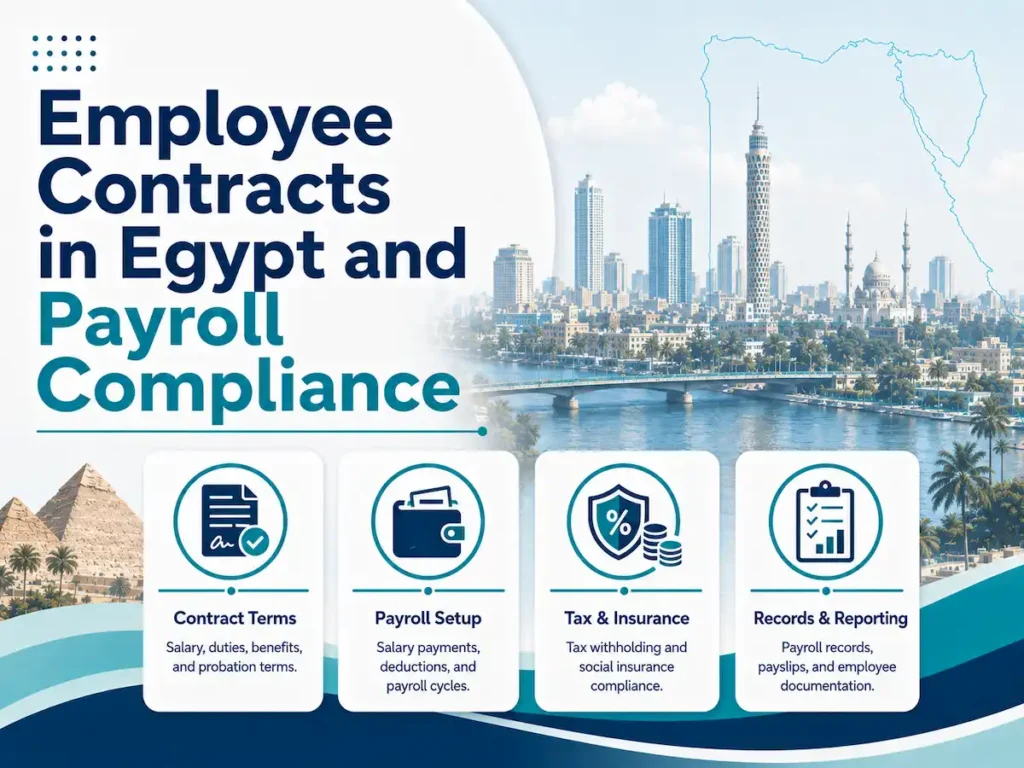 Infographic titled “Employee Contracts in Egypt and Payroll Compliance,” showing contract terms, payroll setup, tax and social insurance compliance, and payroll records and reporting.