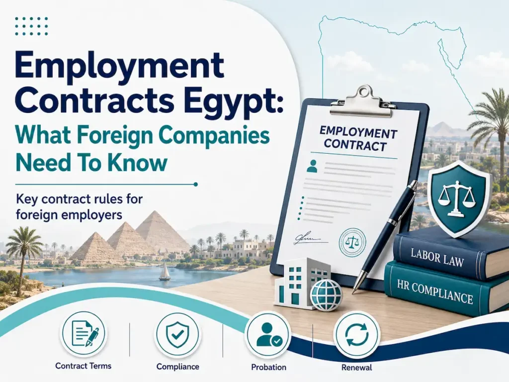 Employment contracts in Egypt infographic for foreign companies with contract document, labor law books, compliance shield, and key contract terms.