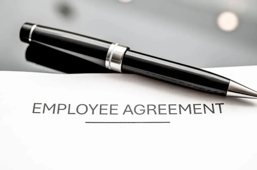 Close-up of an employee agreement document with a sleek pen,