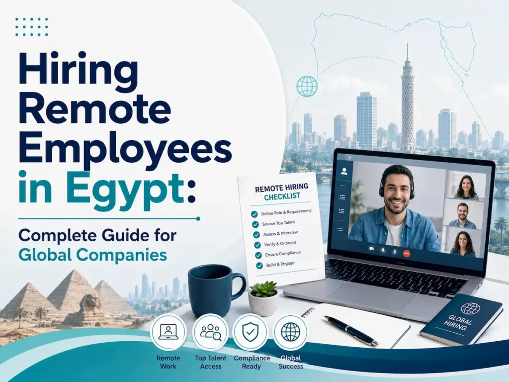 Hiring remote employees in Egypt guide for global companies with laptop, Cairo skyline, and hiring checklist.