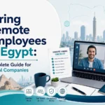 Hiring remote employees in Egypt guide for global companies with laptop, Cairo skyline, and hiring checklist.