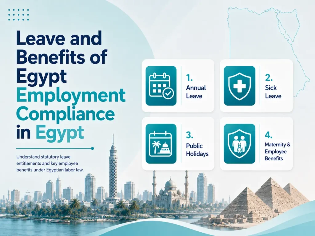 Infographic about leave and employee benefits in Egypt, highlighting annual leave, sick leave, public holidays, and maternity and employee benefits.