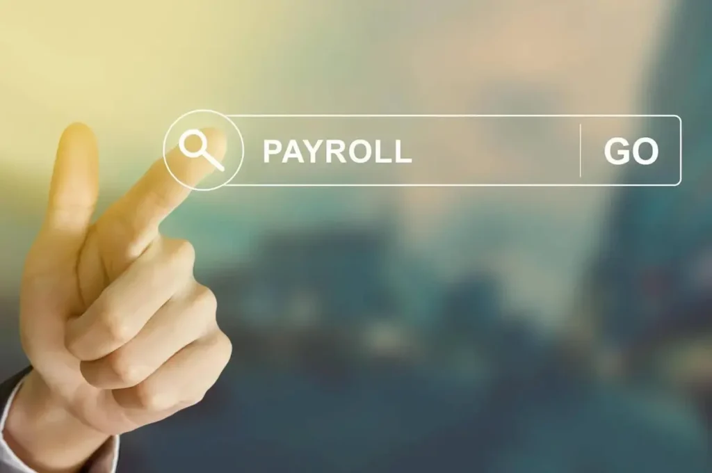 business hand clicking payroll button on search toolbar with vintage style effect