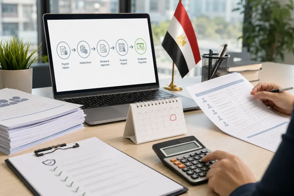 Payroll outsourcing Egypt team reviewing payroll reports, compliance documents, and employee salary data in a modern Cairo office.