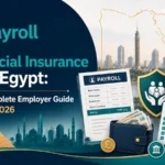 Cover image for “Payroll and Social Insurance in Egypt: Complete Employer Guide for 2026,” featuring Begory-style teal and navy colors, Cairo skyline, payroll document, social insurance shield, wallet with cash, and employer checklist.