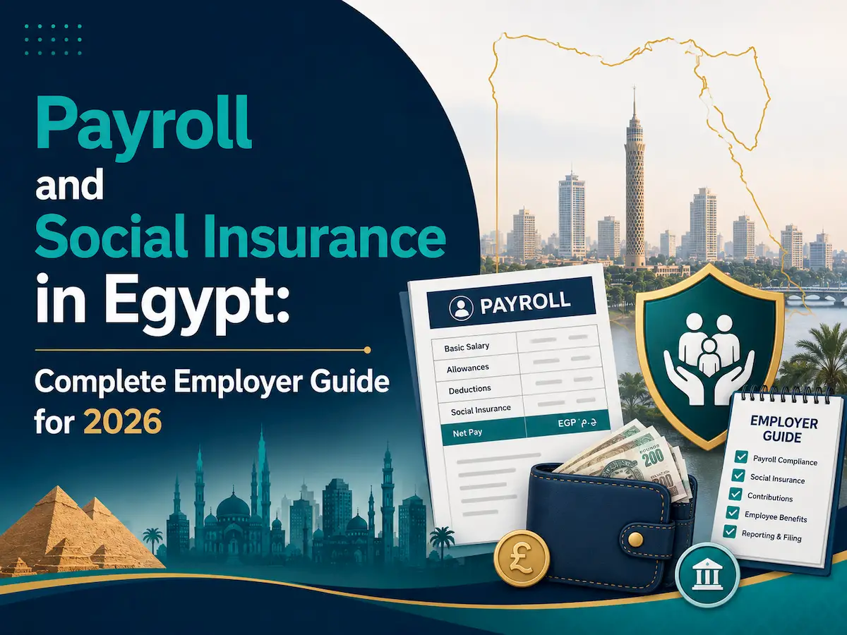 Cover image for “Payroll and Social Insurance in Egypt: Complete Employer Guide for 2026,” featuring Begory-style teal and navy colors, Cairo skyline, payroll document, social insurance shield, wallet with cash, and employer checklist.