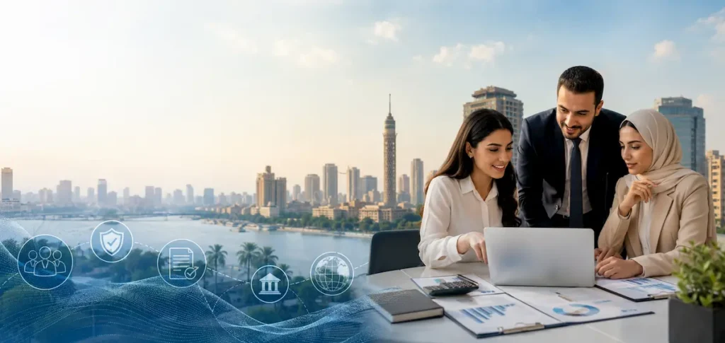 Payroll outsourcing Egypt professionals managing payroll compliance and employee salary administration in a modern Cairo office.