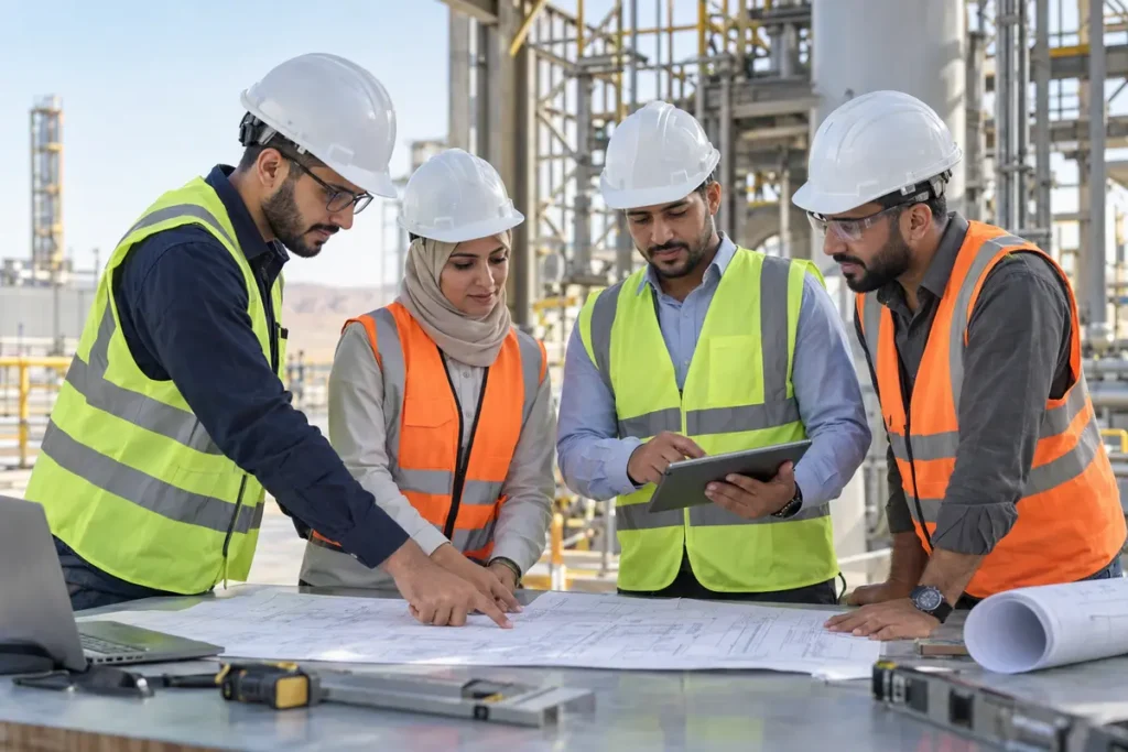 Egyptian engineers reviewing technical plans at an industrial project