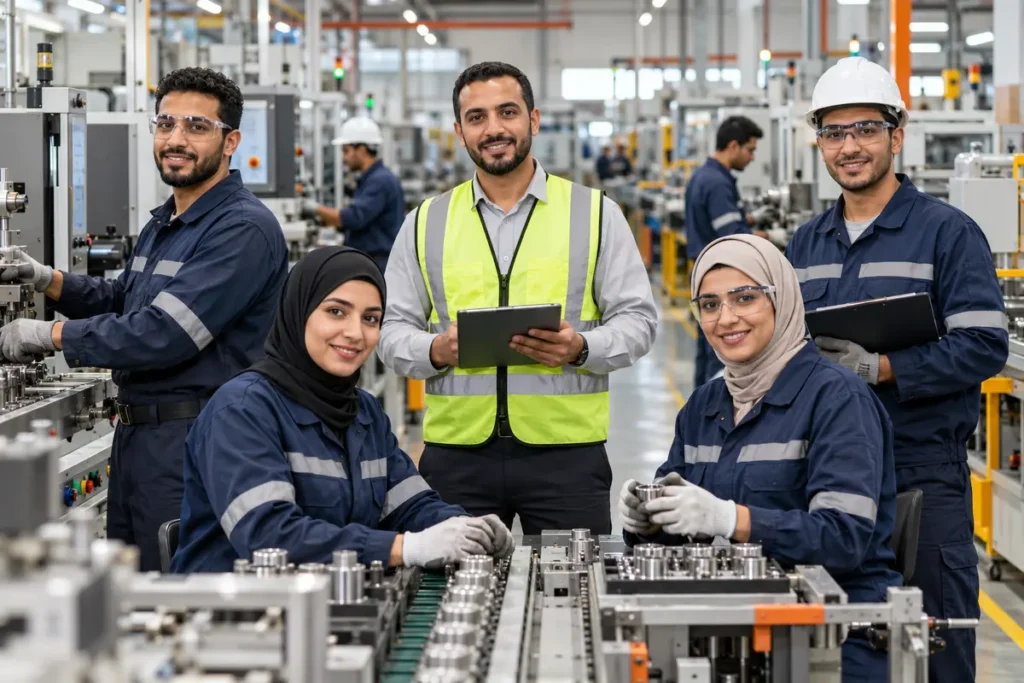 Egyptian factory workers and supervisors in a modern manufacturing facility