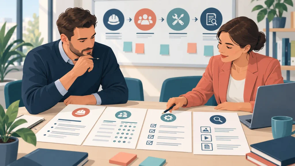 Employer and recruitment coordinator planning a practical candidate assessment