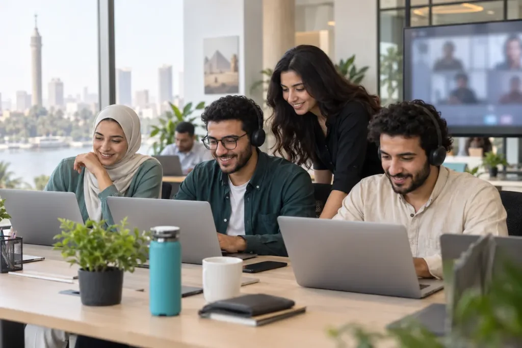 Egyptian remote professionals collaborating in a modern office