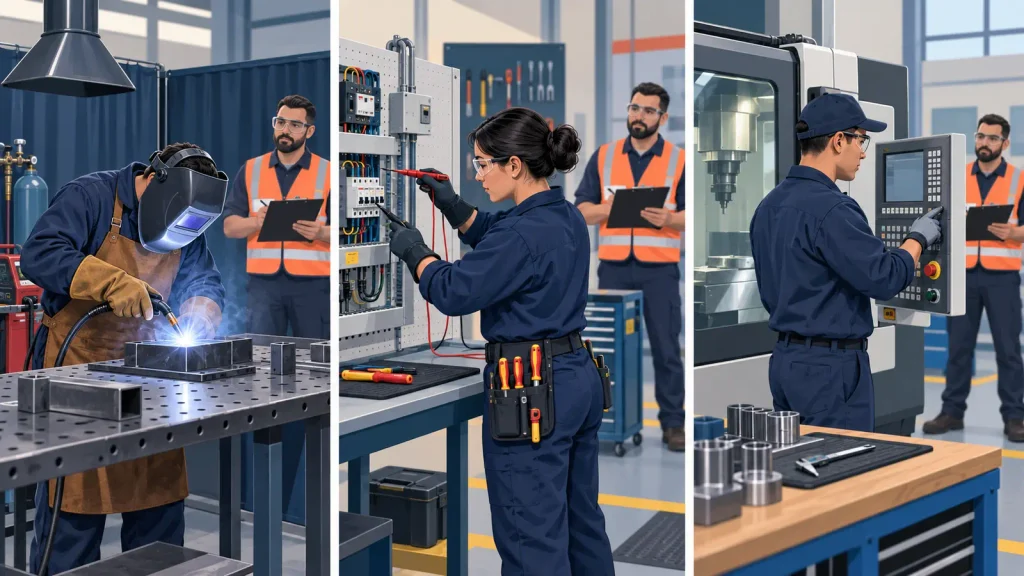 Welder, electrician and machine operator completing practical skills assessments